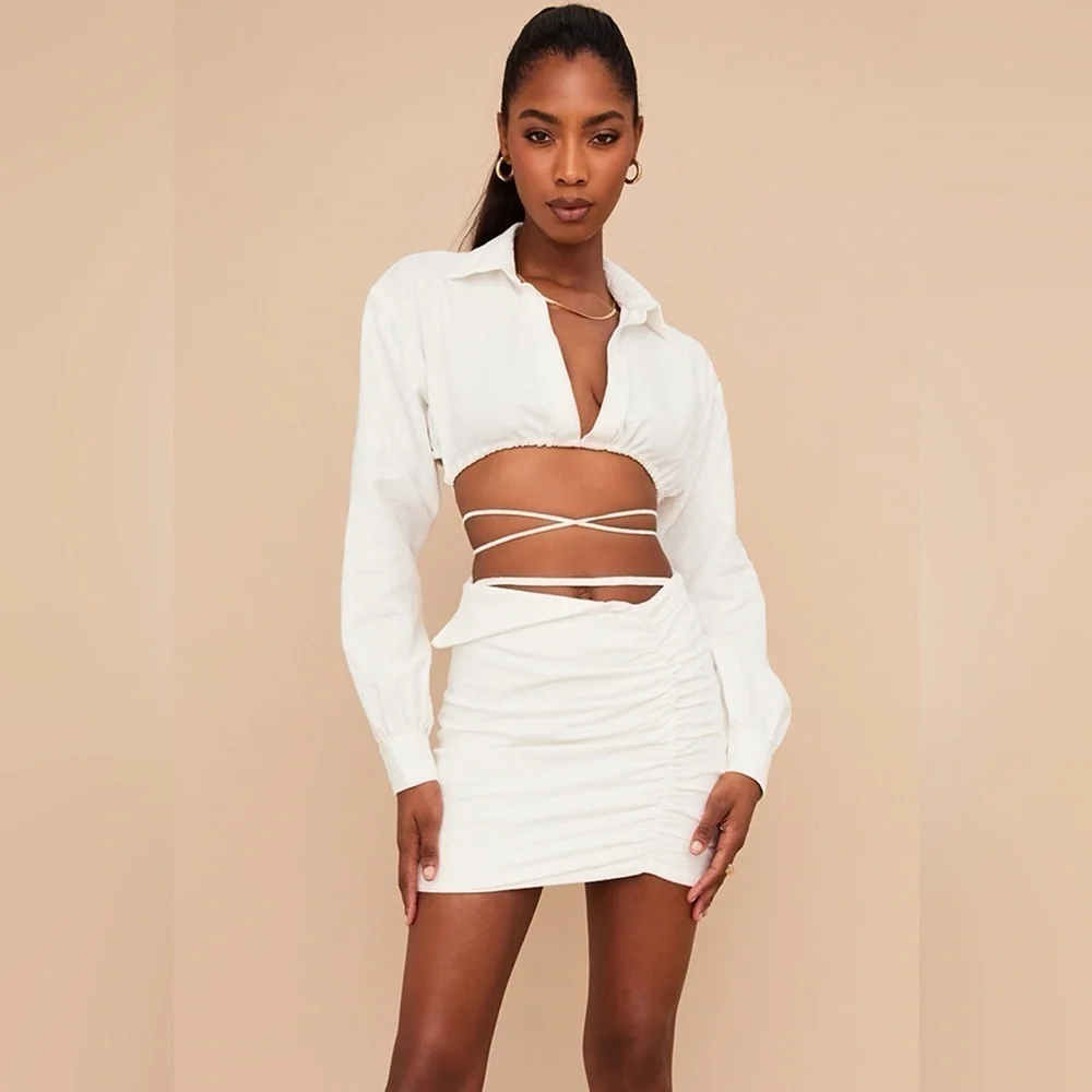 House of CB London Emmy Folded Waist Mini Skirt in Off White Size Small Ruched